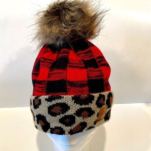 Panache leopard Buffalo plaid beanie hat women’s - Picture 1 of 5